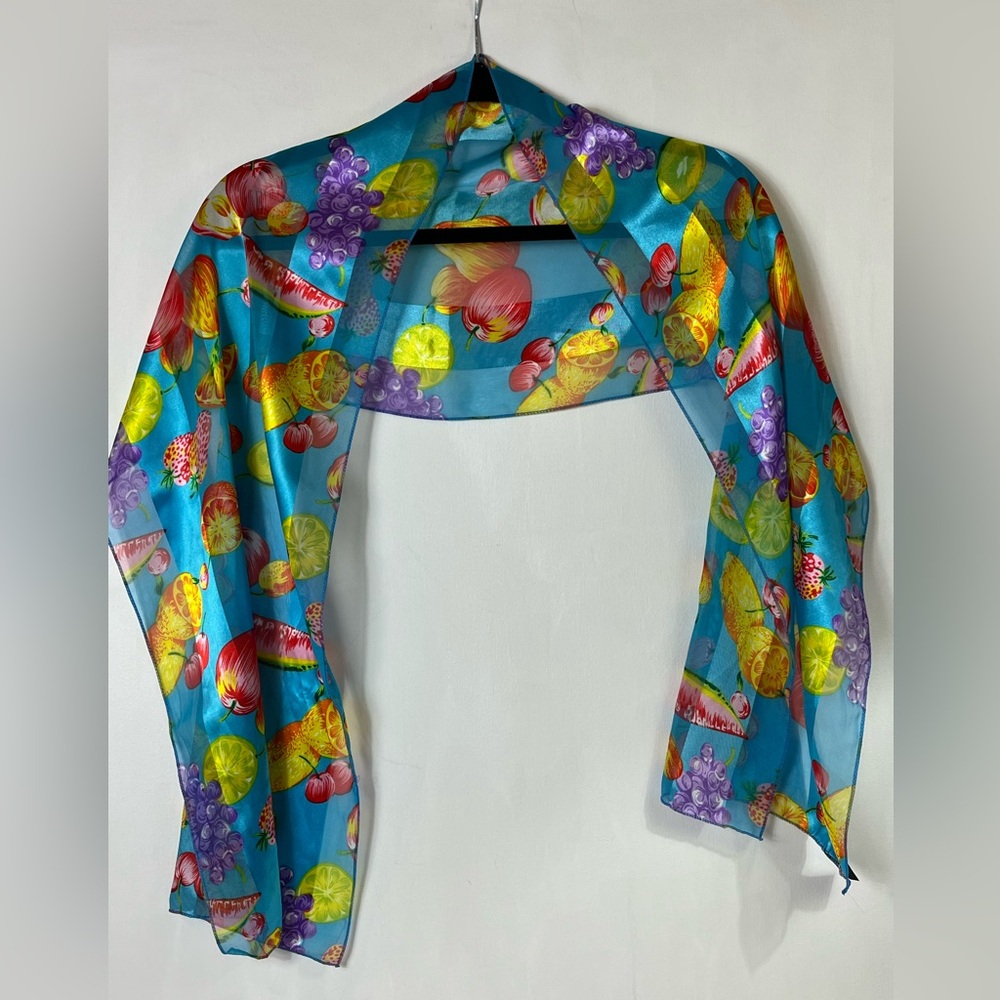 Silky Fruit Patterned Scarf Polyester Multicolored 60” Long 13” Wide